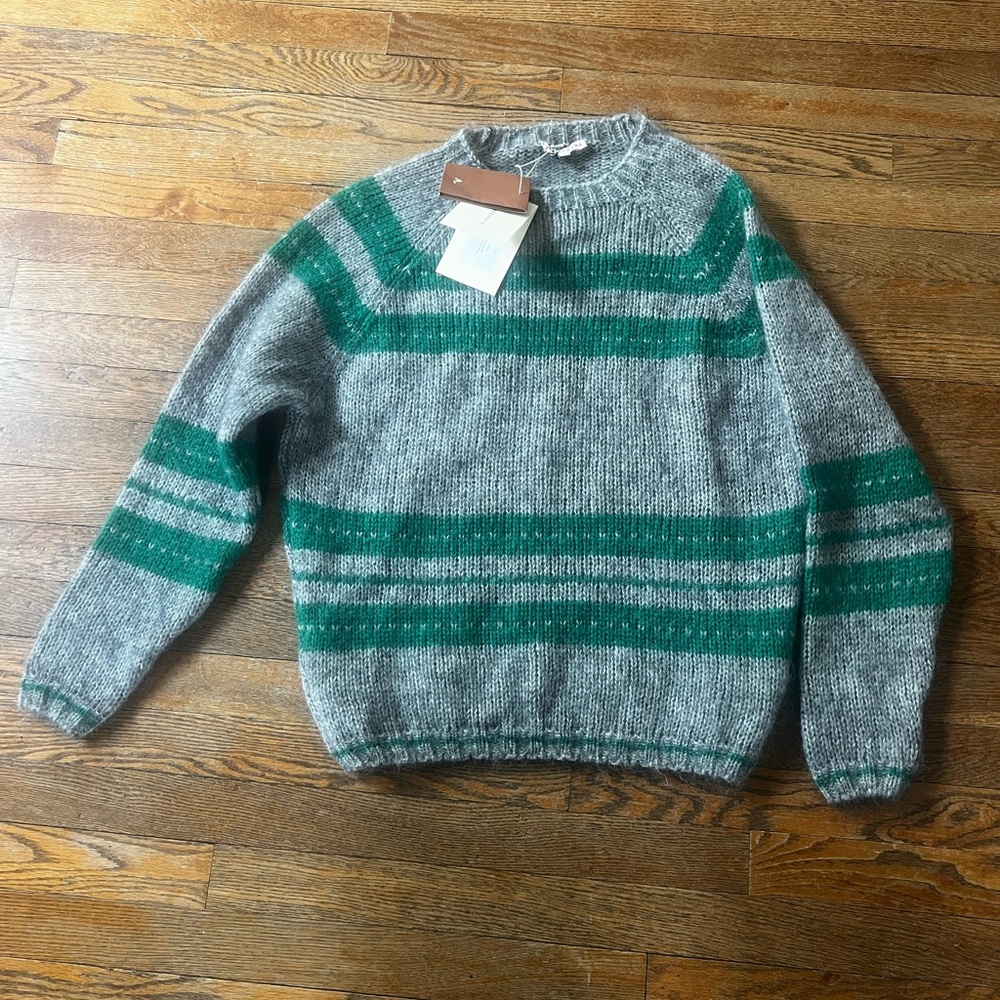 Cozy Gray and Green Crewneck Sweater with Bold Stripes